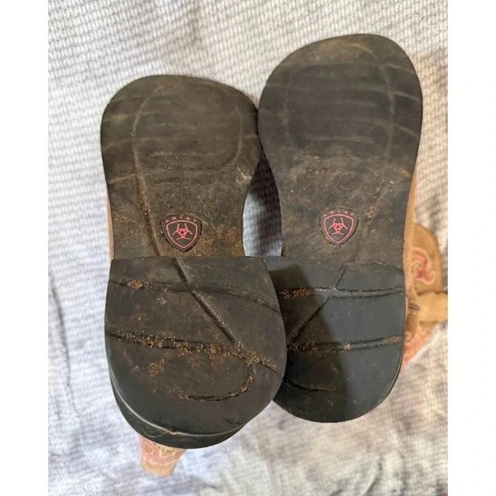 Ariat Girls Fatbaby Brown Leather Pink Embroidery Western Cowboy Boots Round Toe